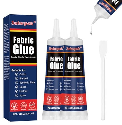 Sularpek 60 ML 2 Pack Colla per Tessuti, Trasparente Colla Tessuti, Adesivo per Tessuti Resistente ai Lavaggi per Stoffa per Cotone, Jeans, Lino, Feltro e Sintetici