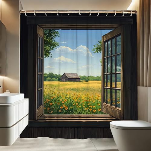 Cortina de ducha de campo, cortina de ducha de paisaje de campo de flores amarillas vibrantes para decoración de baño, cortina de ducha de tela impermeable vintage para primavera y verano, juego de