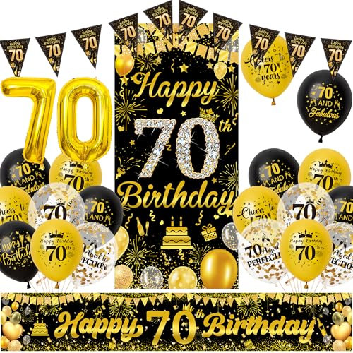 Xietaea Deko 70 Geburtstag Mann Frau - Schwarz Gold 70 Jahr Geburtstagsdeko Banner Luftballons und Wimpel, Stoff Hintergrund XXL Zahlen Ballons für 70 Geburtstagsfeier Dekoration
