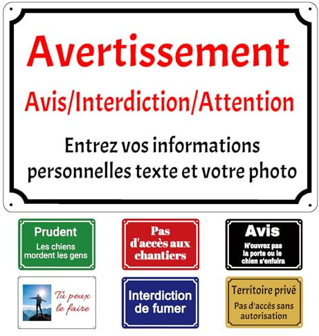 Panneau d'Avertissement Personnalisable en Aluminium, Plaque Métallique, Plusieurs Designs, 20x15/30x20/40x30 cm