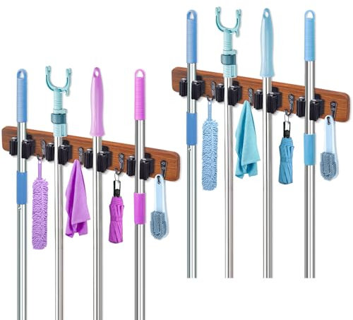 EOFJRUC 2 - Pack Rustic Wood Wall Mount Mop Broom Holder - Wall Organizer with 4 Slots & 4 Hooks - Garden Tool Rack for Closet, Garage, Laundry Room & home decor