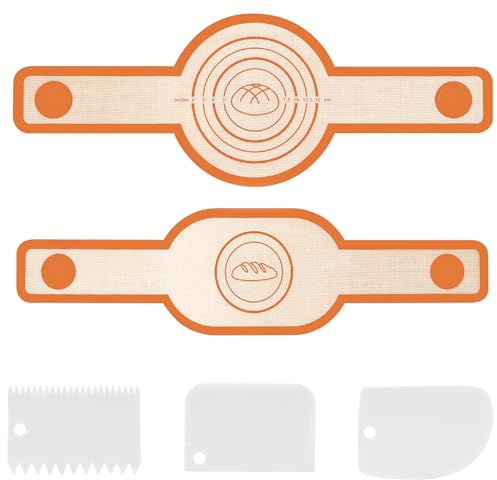 Silikon Backmatte, 2 PCS Backmatte Silikon Brot Backen Zubehör, Lange Griffe Teigmatte, Wiederverwendbare Backunterlage für Teig, Silikonmatte Backen für Dutch Oven (Orange)