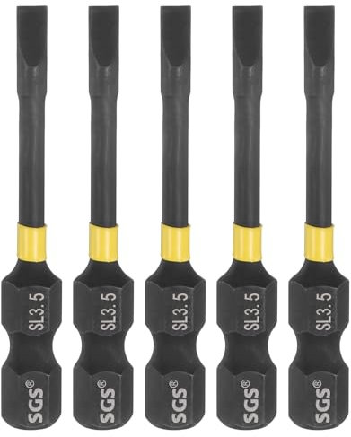 sourcing map 5pcs SL3.5 Slotted Impact Screwdriver Bits 3.5mm Slotted Tip 1/4 Hex Shank 50mm (2) Long Magnetic Flat Head Phosphated S2 Steel Screw Driver Drill Bits Electric Power Tool
