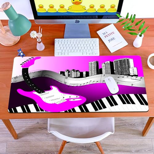 MYAUEYSU Gaming 30x80cm Premium Groß vernähte Kanten langlebig mit high-end Glide und Anti-Rutsch Speed Gaming Mauspad,Musik Bassgitarre Keyboard Urban Rock Hintergrund Rhythmus der Stadt Illust
