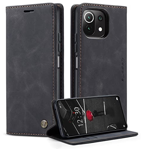 WJXEXRS Handyhülle für Xiaomi Mi 11 Lite 4G / 5G / 5G NE Hülle, Premium Klapphülle Leder Schutzhülle Klappbar mit Kartenfach Ständer Magnet Handytasche Standfunktion Flip Case Lederhülle - Schwarz