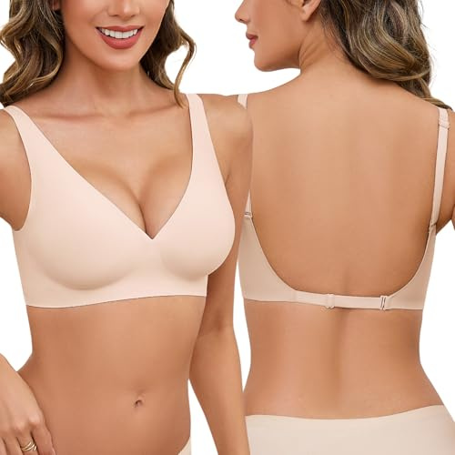 UMIPUBO Low Back Bras for Women Backless Seamless Bra Halter Neck Wireless Multiway Bralettes Padded Comfort Full Coverage Ladies V Neck Underwear Regular Bust (Skin, M)
