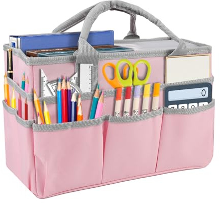 Desktop File Folder Tote Storage Organizer, Oxford Fabric Art Craft Storage Bag Art Craft Supplies Tote Bag with Pockets and Handles Carrying Case for Teacher Office Drawing Book Notebook (Pink-Gray)