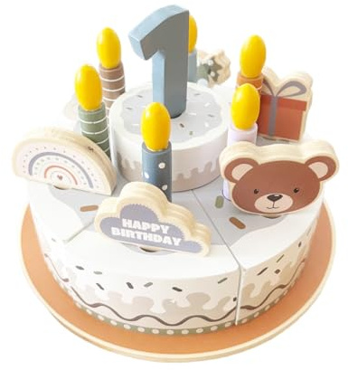 Pretend Spielen Lebensmittel für Kleinkinder 1-3, hölzerne Geburtstagskuchen mit Kerzen und Zahlen, Tee-Party Lernen Küche Geschenk Spielzeug für Jungen Mädchen (Grau)