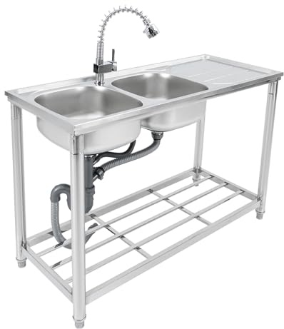 Fregadero de cocina doble de 120 x 50 cm, de acero inoxidable, con dos lavabos con cabezal de ducha giratorio 360°, capacidad de carga de 100 kg, escurridor y cesta colador, lavabo para bar, cocina de