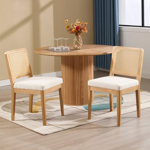 DAYALANE Esszimmerstühle Rattan, 2er Set, Küchenstühle Holz, Weiß | Wohnzimmerstuhl mit Holzbeinen & Rückenlehne, Polsterstuhl aus Leinen, Essstühle für Esszimmer Wohnzimmer