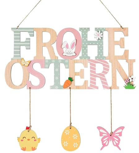 HERZONE Türschild Frohe Ostern, Türschild Willkommen Ostern Deko, Holz Dekoschild, Osterdeko mit Osterhase Ostereier, Holzschild zum Aufhängen für Haustür (A)