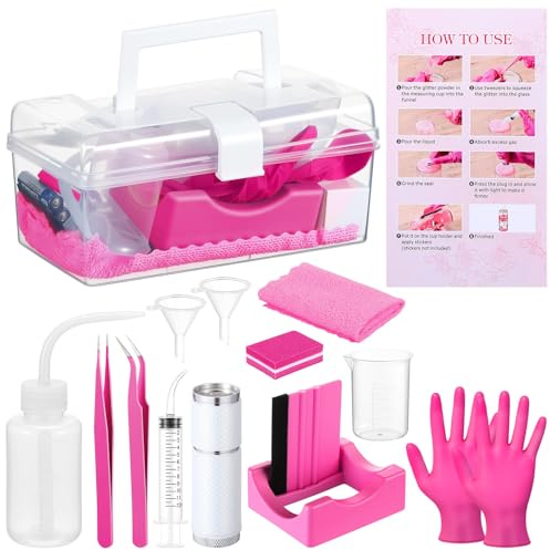 LemonRoad 15 Pcs Snow Globe DIY Tumbler Tool Kit Include Storage Box Squeeze Bottle Funnel Silicone Cup Cradle Measuring Cup Flashlight for Beginner Making Supplies Thanksgiving Day Gifts (Hot Pink)