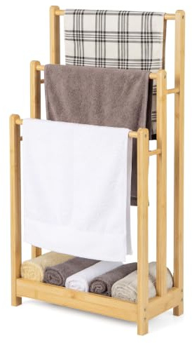 COSTWAY Handtuchständer freistehend, Handtuchhalter Holz, Natur | mit 3 Handtuchstangen & unterer Ablage & Kippschutz, Trockenständer braun für Badezimmer, Hotels