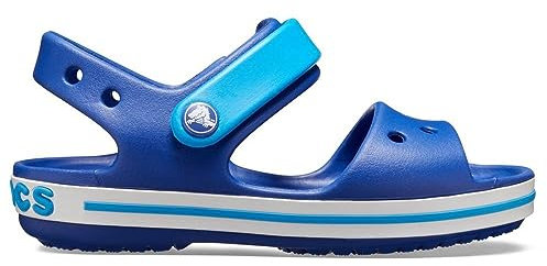 Crocs Crocband Sandals, Unisex-Kids Sandals, Lightweight and with Secure Fit, in Cerulean Blue/Ocean Strap and Stripe Detail, Size J2 UK