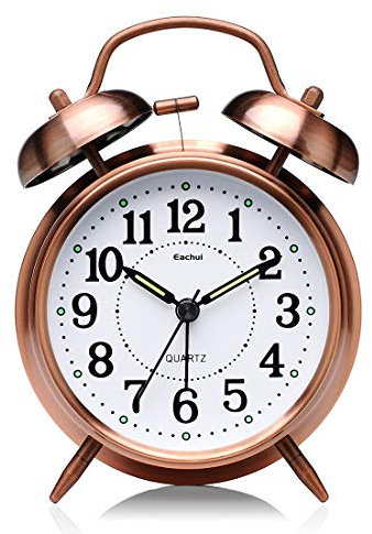 Eachui Doppelglockenwecker mit Nachtlicht, großes Zifferblatt von 4 Zoll, Analog Quarzwecker mit lautem Alarm,kein Ticken, geräuschlos, Batteriebetrieben Wecker Retro Design (Bronze)