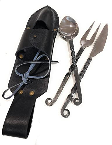 Handgeschmiedetes mittelalterliches Essbesteck aus Eisen mit Ledergürteltasche, Wikinger-Fastgeschirr, Art Collection, mittelalterliches Essutensilien-Set, tolles Geschenk als Sammlerstück