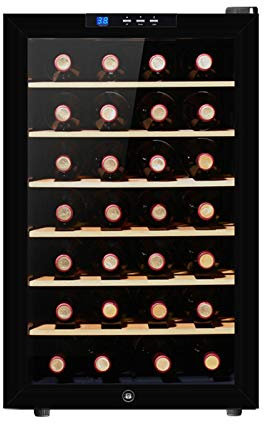 MINGDIAN Réfrigérateur à vin à compresseur de 28 Bouteilles avec Porte en Acier Inoxydable Réfrigérateur de Cave à vin sans Givre Refroidisseur à Champagne sur Pied, Noir
