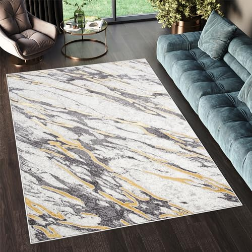 TAPISO Shine Teppich Kurzflor Abstrakt Creme Grau Gold Marmor Wohnzimmer Schlafzimmer 3D Optik Modern Design ÖKOTEX 160 x 220 cm