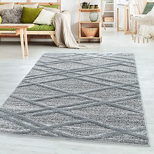SIMPEX Teppich Wohnzimmer Boho Design Hoch-Tief Effekt 3D 80 x 150 cm Grau Läufer - Hochflor Teppich Schlafzimmer Küchenteppich Extra Weich Pflegeleicht - Flauschiger Teppiche für Esszimmer Gastzimmer