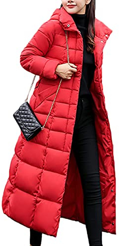 Onsoyours Femme Doudoune Longue Hiver Chaud Veste Matelassee Parka à Capuche Manteau Élégant Casual B Rouge 3XL