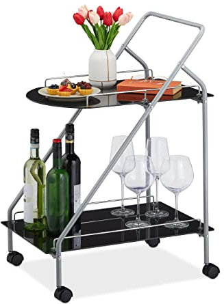 Relaxdays Servierwagen, 2 Ablagen, drehbare Rollen, HxBxT: 84 x 45 x 60 cm, moderner Rollwagen, Glas & Metall, schwarz