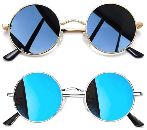 Joopin Runde Sonnenbrille Herren Retro Vintage und Polarisierte Sonnenbrille Damen Rund Blau Verspiegelt 2 Pack (Silber Blau und Gold Schwarz)