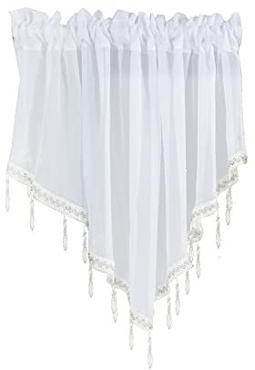 XiinxiGo Schöne Fertiggardine Fenstergardine Gardine aus Voile mit Faltenband Kräuselband Dreieckiger Perlenbesatz Vorhänge für Badezimmer Wohnzimmer,Weiß,Weite 130 cm * Höhe 60 cm