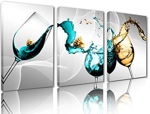 Toile murale abstraite à 3 panneaux – Peintures giclées sur toile de peintures à vin – Verres à vin – Œuvre d'art – Peinture giclée encadrée et prête à être accrochée – Petite taille – 35,6 x 50,8 cm