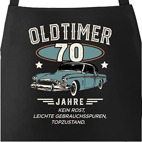 MoonWorks® Grill-Schürze Kochschürze Oldtimer Geburtstag Retro Design Print Vintage Auto Geburtstagsgeschenk für Männer 70 Jahre schwarz Herren