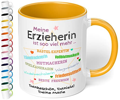 Tasse personalisiert Meine Erzieherin ist soo viel mehr - Dankeschön Kaffeetasse mit Spruch als Abschiedsgeschenk Kindergarten Kita für Erzieherin, Tagesmutter - spülmaschinenfest (Goldgelb)