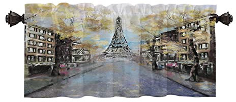 Batmerry Schwarze Europa Ölgemälde Volant Vorhänge, Beige Eiffelturm Fenster Behandlung Küche Volants Mehrlagiges Polyester Verdunkelung für Wohnzimmer Badezimmer, 132,1 x 45,7 cm