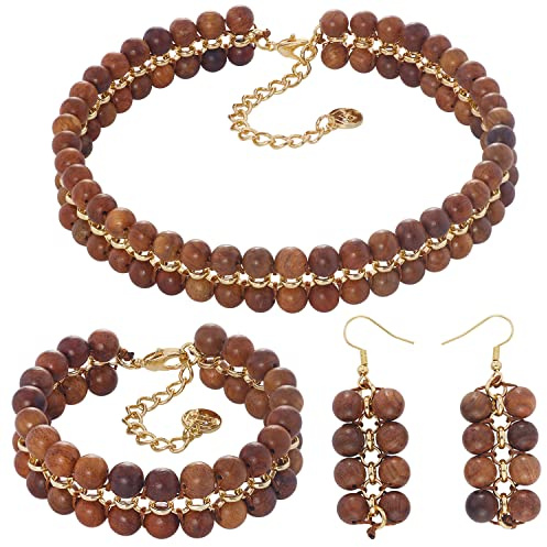 Firstmeet Wood Beads Layer Statement Necklace Choker Bracelet Earrings Vintage Jewelry Set for Women(XL-1203-Wood Set)