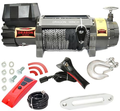 DRAGON WINCH Elektrische Seilwinde Highlander 12V 15000 lbs (6803 kg) mit Synthetikseil 21m für Off-road, Geländewagen, SUV Wasser- und Sandfest I Einschließlich kabelloser Fernsteuerung Winde Zubehör