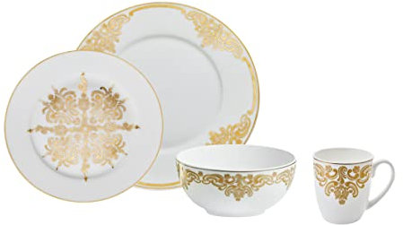 Godinger Essgeschirr mit Salat-/Dessertteller, Speiseteller, Kaffeetasse und Schale, Porzellan 20. Jahrhundert Barock 16-teiliges Set Weiß
