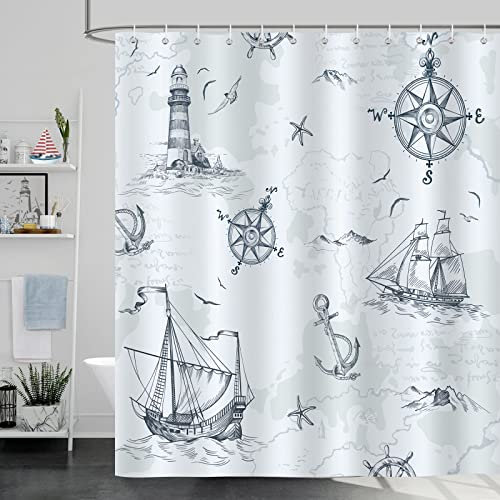 Bonhause Duschvorhang Nautische Segelboot Anker Kompass Leuchtturm Duschvorhänge 180 x 180 cm Anti-Schimmel Wasserdicht Polyester Stoff Waschbar Bad Vorhäng für Badzimmer mit 12 Haken