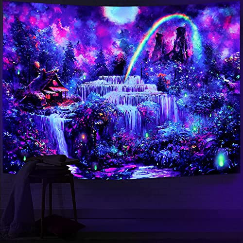 Wonrizon Blacklight Fantasy Forest Tapisserie, Wasserfall, Regenbogen, neblige Dschungelpflanzen, Wandteppich, UV-reaktiver Wandbehang, leuchtet im Dunkeln, Wohnzimmer (Wasserfallwald, 180x240 cm)