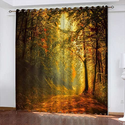 Cortinas Opacas Cocina Modernas Para Ventanas 3D Bosque Al Atardecer Estampadas Cortinas Termicas Aislantes Frio Y Calor 2 Piezas Decoración Navidad Para Hogar 140(Ancho)X160(Alto) Cm - Cortinas Para