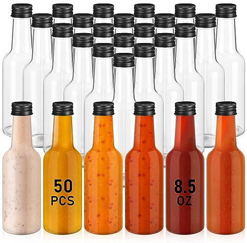 Zubebe 50 Pcs Hot Sauce Bottles 8.5 oz Clear Empty Mini Liquor Bottles Small Plastic Alcohol Bottles with Leak Proof Screw Caps for Oil Milk Champagne Beverages Salad Dressing Birthday Party Favors