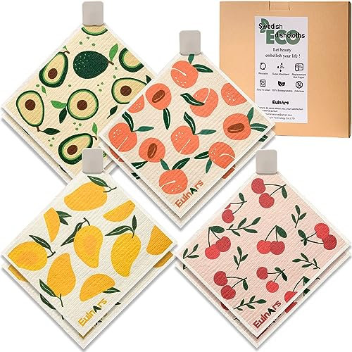 Eulnars Swedish Dishcloths for Kitchen, 8 Pack Reusable Paper Towels with Clips, Non-Scratch Swedish Kitchen Towels, Super Absorbent Cellulose Sponge Cloths, Dishwasher Safe, No Odor