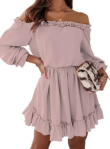 Dokotoo Kleid Damen Langarm Elegant Hohe Taille Einfarbig Schulterfrei A-Linien Minikleid Partykleid Freizeitkleid Dating-Kleid Sommerkleider Rüschenkleid Rosa L