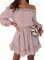 Dokotoo Kleid Damen Langarm Elegant Hohe Taille Einfarbig Schulterfrei A-Linien Minikleid Partykleid Freizeitkleid Dating-Kleid Sommerkleider Rüschenkleid Rosa L