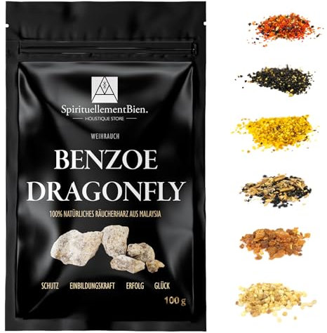 Weihrauch Benzoe Dragonfly – 100% Reines und Authentisches Harz in Körnerform 100 g – Für Räuchergefäß oder Duftbrenner – Schutz – Vorstellungskraft – Erfolg – Glück