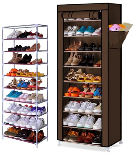 SNOWDVANCE Zapatero de 10 Niveles - Organizador con Cubierta de Tela 30cm X 60 cm X 160cm,Armario de Zapatos para Ahorra Espacio y Resistente al Polvo (Marron)