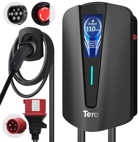 Tera EV Chargeur Type 2 Wallbox: Borne de Recharge Vehicule Electrique 11kW Triphasé,16A 400V avec Ecran Numérique Contrôlable, 7 Mètres Câble de Recharge, Support Mural de Chargeur pour EVs PHEVs