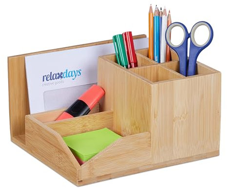 Relaxdays Schreibtisch Organizer, Bambus 7 Fächer, für Stifte, Dokumente, HxBxT: 11 x 21 x 19 cm, Stiftehalter, Natur