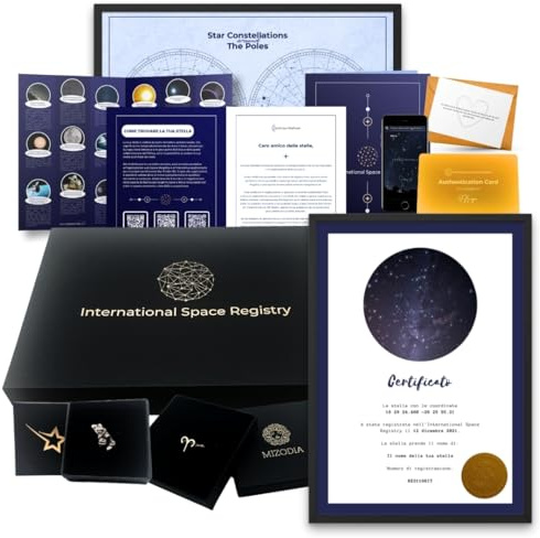 Galaxieregister® Premium Sterntaufe Geschenkbox - Persönliches Geschenk mit Echtem Meteorit und Vergoldeter Kette- Ideal für Geburtstag, Hochzeit, Valentinstag & Besondere Anlässe (Heller Stern)