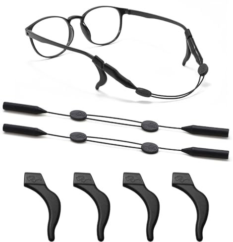XFentech Black Eyewear Retainer Set - 2 Pcs Adjustable Silicone Eyeglasses Strap with 2 Pairs Anti-Slip Ear Hooks for Sunglasses Reading Glasses for Men Women Children