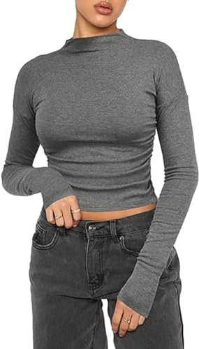 Women's Casual Crop Tops Cotton Slim Fit Top Mock Turtle Long Sleeve T-Shirt Basic Blouse Tee Tops(Dark Gray-g,M)