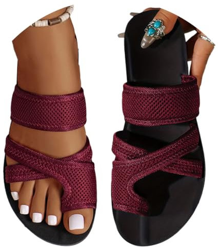 Onsoyours Sandales Plates Femme Été Hallux Valgus Tongs Confortable Maille Nu Pieds Bout Ouvert Chaussures Vintage Sandales Pantoufles de Plage Vacances Slippers B Vin Rouge 39 EU