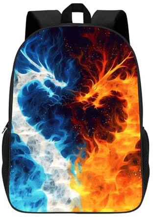 MAMINA Drachen-Rucksack, cooler Fire and Ice Drachen-Schulrucksack, 43,2 cm, großer Schüler-Rucksack für Teenager, Jungen, Mädchen, Grundschule, Mittelschule, College, Studenten, Blau, Rot, Schwarz,